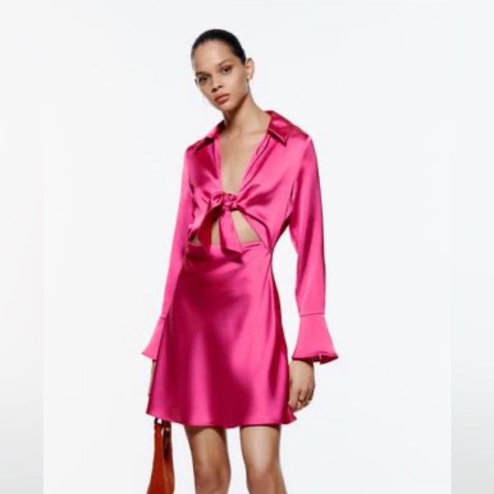 Zara Hot Pink Satin Mini Dress with Front Tie